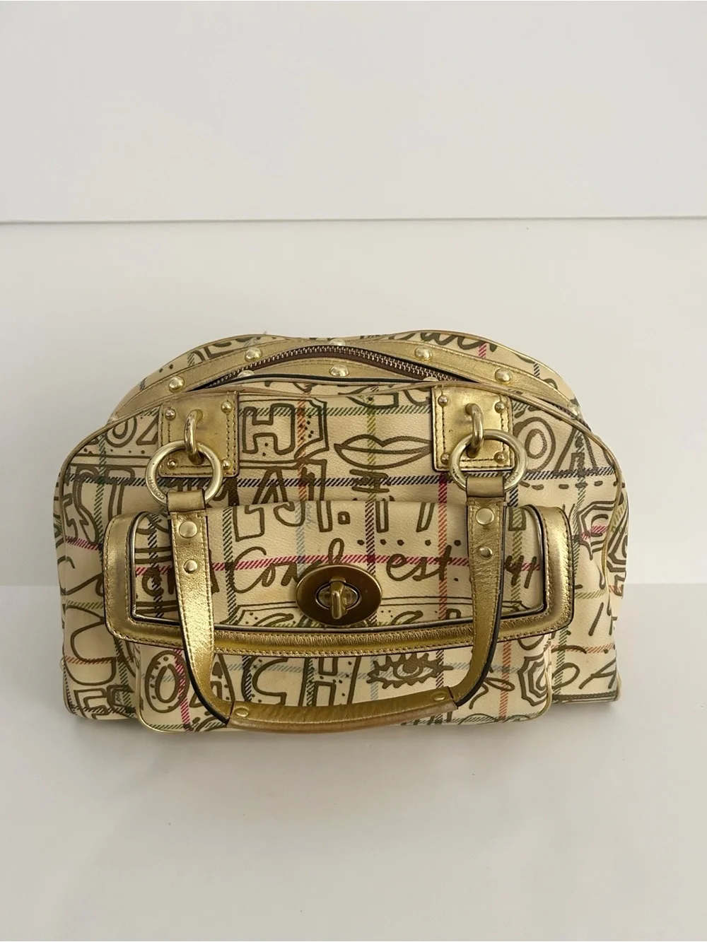 Vintage Coach Poppy Chelsea Graffiti Gold Tattersall Dome Satchel Purse